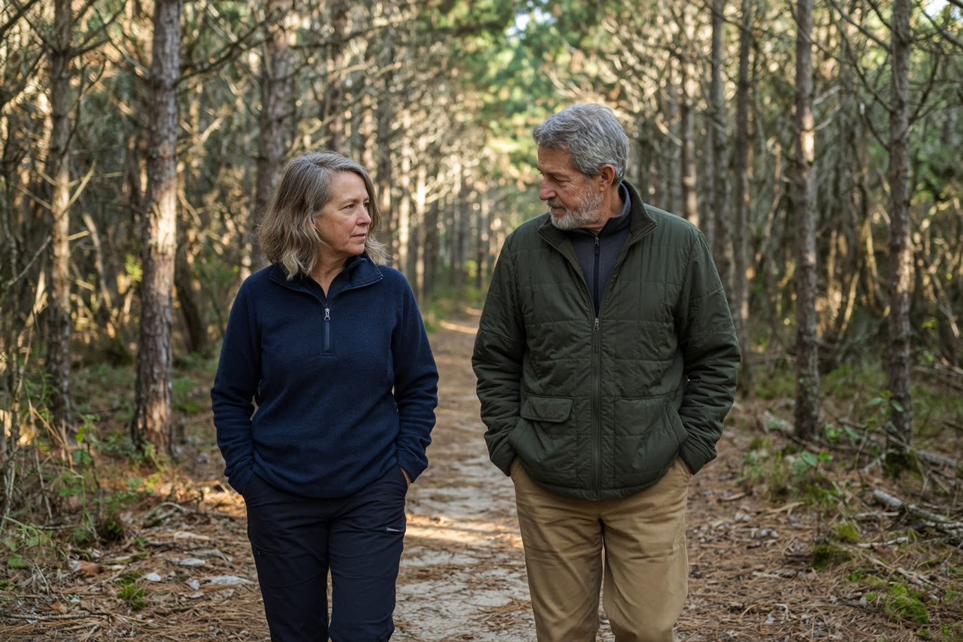 Two people walking and talking on a Cape Cod wooded trail