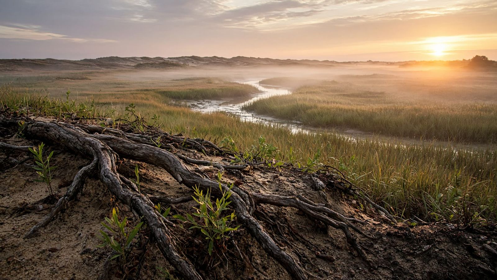 Cape Cod salt marsh at sunrise, tree roots along the bank and new growth rising