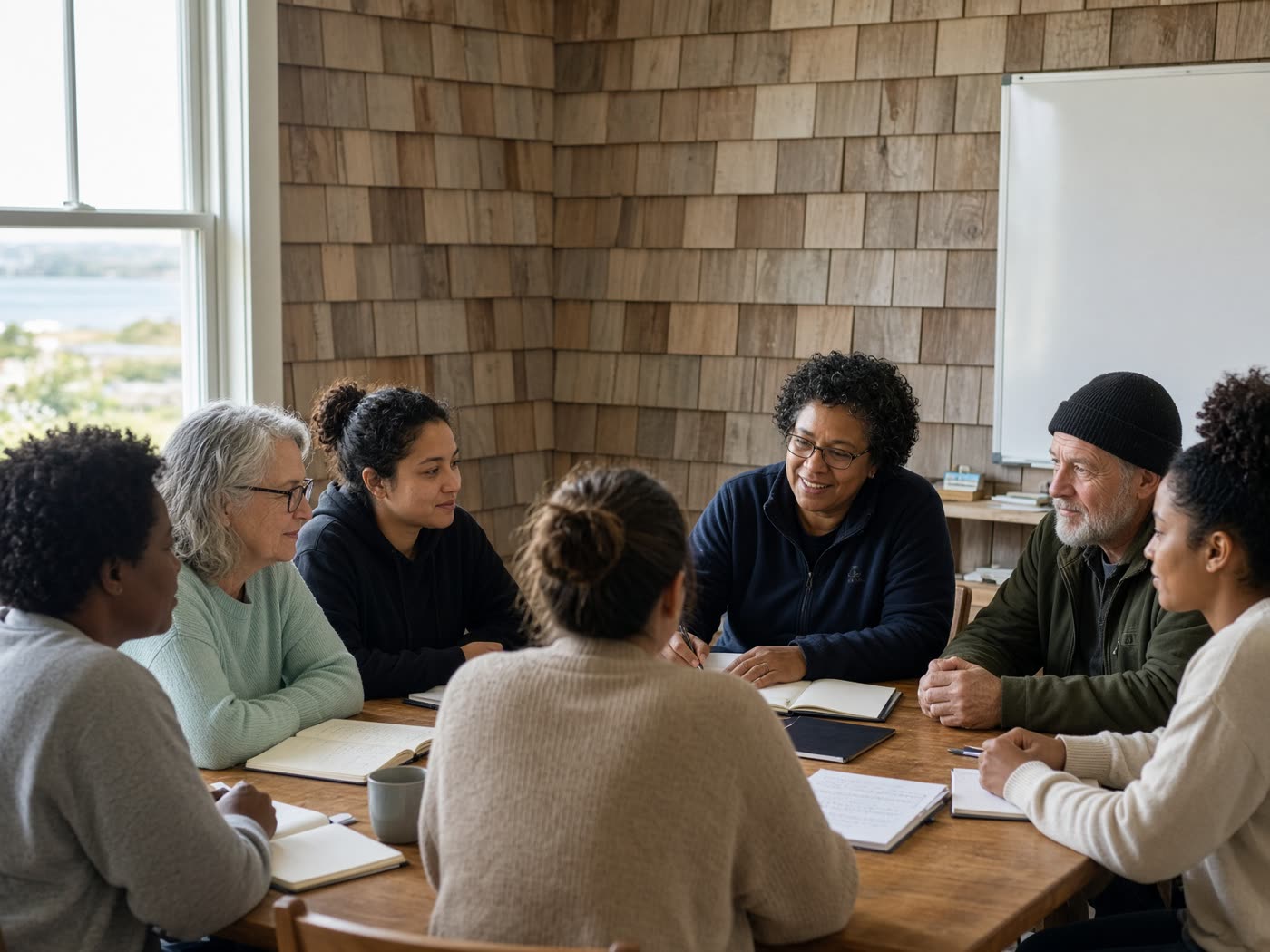 Adults in a job-skills workshop around a table