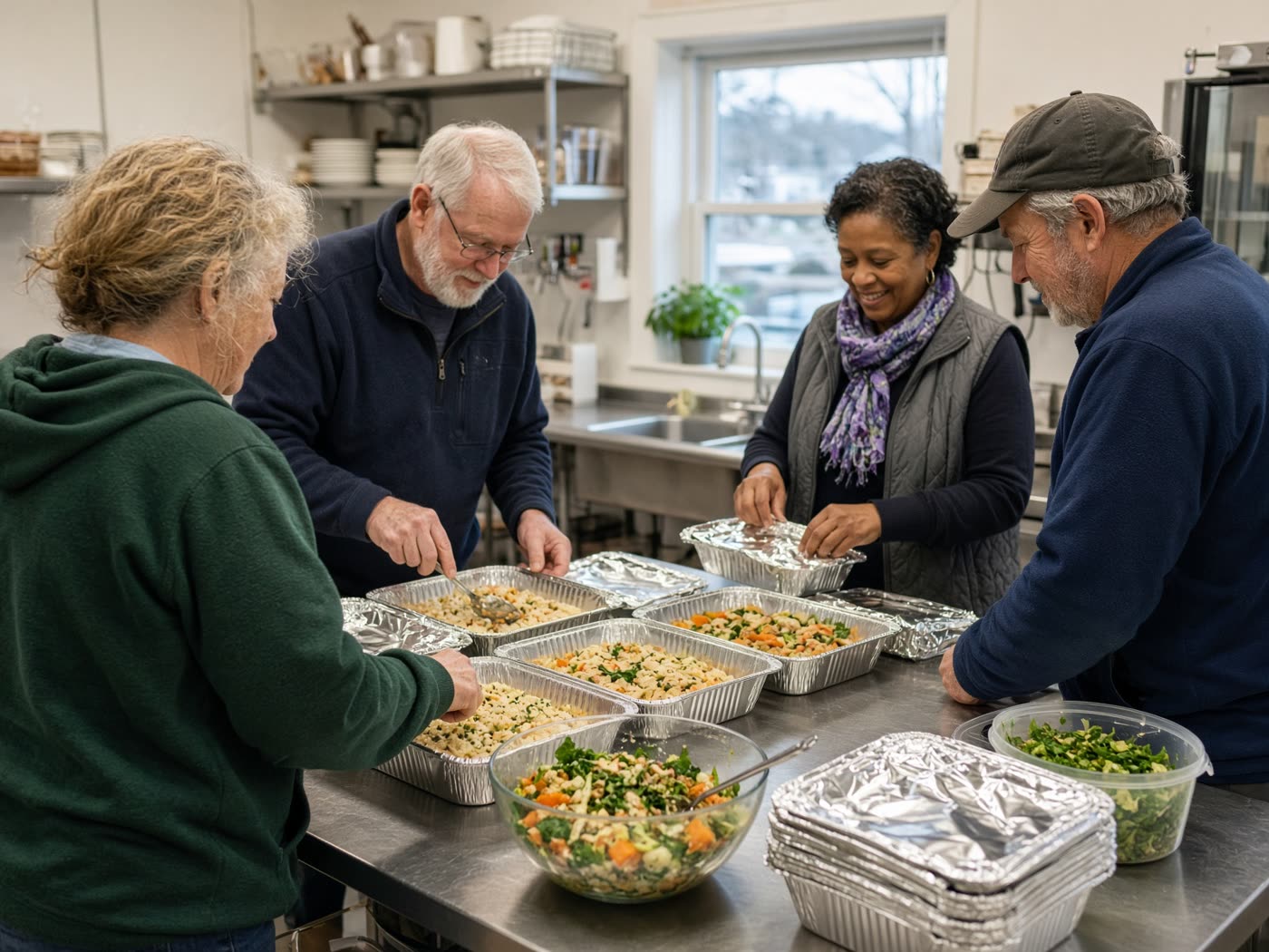 Volunteers packing homemade meals in a community kitchen